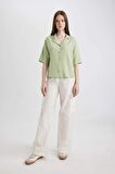 DeFacto Oversize Fit Pijama Yaka Keten Karışımlı Kısa Kollu Gömlek U2927AZ24SMGN1216