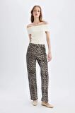 DeFacto Straight Fit Leopar Desenli Yüksek Bel Cepli Uzun Gabardin Pantolon D1229AX24SMBG307
