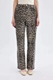 DeFacto Straight Fit Leopar Desenli Yüksek Bel Cepli Uzun Gabardin Pantolon D1229AX24SMBG307