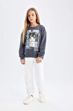 DeFacto Kız Çocuk Antrasit Oversize Geniş Kalıp Bisiklet Yaka Baskılı Sweatshirt D0610A824AUAR31