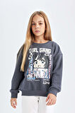 DeFacto Kız Çocuk Antrasit Oversize Geniş Kalıp Bisiklet Yaka Baskılı Sweatshirt D0610A824AUAR31