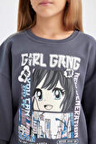 DeFacto Kız Çocuk Antrasit Oversize Geniş Kalıp Bisiklet Yaka Baskılı Sweatshirt D0610A824AUAR31