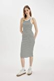 DeFacto Bodycon Halter Yaka Çizgili Fitilli Kaşkorse Kolsuz Midi Elbise C8845AX24SMWT32