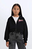 DeFacto Kız Çocuk Baskılı Kapüşonlu İçi Yumuşak Tüylü Fermuarlı Sweatshirt D1569A824WNBK81