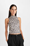 DeFacto Slim Fit Dar Kesim Yarım Balıkçı Yaka Leopar Desenli Kolsuz Bluz D5542AX24AUBN287