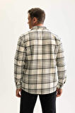 Erkek Ekru Regular Fit Polo Yaka Kareli Oduncu Flanel Uzun Kollu Gömlek