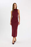 DeFacto Bodycon Vücuda Oturan Basic Düz Yarım Balıkçı Yaka Kolsuz Maxi Bordo Elbise D5067AX24AUBR194