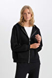 DeFacto Siyah Okula Dönüş Relax Fit Kapüşonlu Kalın Basic Düz Cepli Fermuarlı Sweatshirt D8717AX24WNBK81