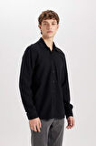 DeFacto Regular Fit Pamuklu Basic Düz Keten Görünümlü Uzun Kollu Siyah Gömlek D7079AX24SPBK81