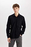 DeFacto Regular Fit Pamuklu Basic Düz Keten Görünümlü Uzun Kollu Siyah Gömlek D7079AX24SPBK81