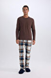 DeFacto Regular Fit Pijama Takımı Bisiklet Yaka Uzun Kollu Üst Kareli Uzun Alt D8213AX24WNBN151