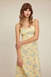 A Kesim Askılı Floral Keten Askılı Midi Elbise