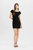 DeFacto Coool Bodycon Vücuda Oturan Kayık Yaka Basic Düz Fitilli Kaşkorse Kısa Kollu Mini Elbise A7362AX24SMBK81