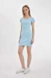 DeFacto Coool Bodycon Vücuda Oturan Kayık Yaka Basic Düz Fitilli Kaşkorse Kısa Kollu Mini Elbise A7362AX24SMBE744
