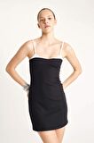 DeFacto Afra x DeFacto Bodycon Askılı Mini Siyah Flaş Flaş Flaş Elbisesi D1354AX24SMBK81