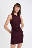 DeFacto Bodycon Vücuda Oturan Bisiklet Yaka Drapeli Basic Düz Kolsuz Mini Bordo Elbise D3065AX24AUBR171