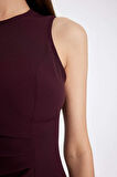 DeFacto Bodycon Vücuda Oturan Bisiklet Yaka Drapeli Basic Düz Kolsuz Mini Bordo Elbise D3065AX24AUBR171
