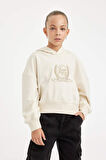 DeFacto Kız Çocuk Ekru Oversize Geniş Kalıp Kapüşonlu İşlemeli Kalın Sweatshirt D2885A824WNER233