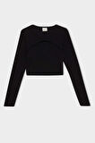DeFacto Kız Çocuk Slim Fit Dar Kesim Bisiklet Yaka Fitilli Kaşkorse Uzun Kollu Siyah Tişört D0705A824AUBK81