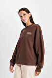 Relax Fit Bisiklet Yaka Slogan Baskılı Kalın Sweatshirt