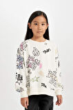 DeFacto Kız Çocuk Oversize Geniş Kalıp Bisiklet Yaka 3D Baskılı Sweatshirt D3113A824WNER99