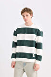 Erkek Antrasit Boxy Fit Bisiklet Yaka Çizgili Sweatshirt