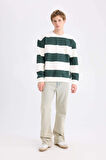 Erkek Antrasit Boxy Fit Bisiklet Yaka Çizgili Sweatshirt