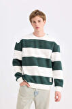 Erkek Antrasit Boxy Fit Bisiklet Yaka Çizgili Sweatshirt