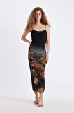 DeFacto Bodycon Vücudu Saran Askılı Desenli Tül Askılı Maxi Elbise D5034AX24AUYL189