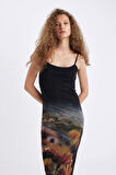DeFacto Bodycon Vücudu Saran Askılı Desenli Tül Askılı Maxi Elbise D5034AX24AUYL189