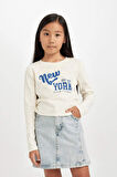 DeFacto Kız Çocuk Cropped Fit Bisiklet Yaka Baskılı Ribana Uzun Kollu Tişört D2987A824AUER99