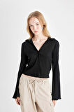 DeFacto Coool Fitted Basic Düz Düğmeli Uzun Kollu Crop Siyah Gömlek A0012AX24AUBK81