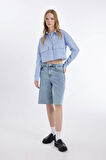 DeFacto Coool Crop Çizgili Cepli Poplin Uzun Kollu Gömlek D4438AX24AUBE303