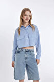 DeFacto Coool Crop Çizgili Cepli Poplin Uzun Kollu Gömlek D4438AX24AUBE303