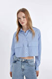 DeFacto Coool Crop Çizgili Cepli Poplin Uzun Kollu Gömlek D4438AX24AUBE303