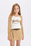 DeFacto Kız Çocuk Crop Bisiklet Yaka Baskılı Fitilli Kaşkorse Uzun Kollu Tişört D3864A824AUBG739