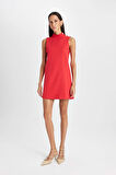 DeFacto Yarım Balıkçı Yaka Basic Düz Düğmeli Kolsuz Mini Kırmızı Abiye Elbise D2873AX24AURD51