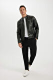 DeFacto Slim Fit Dik Yaka Astarlı Suni Deri Ceket Mont C6965AX24AUBK27