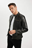 DeFacto Slim Fit Dik Yaka Astarlı Suni Deri Ceket Mont C6965AX24AUBK27