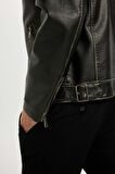 DeFacto Slim Fit Dik Yaka Astarlı Suni Deri Ceket Mont C6965AX24AUBK27