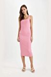 DeFacto Bodycon Vücuda Oturan Basic Düz Kare Yaka Fitilli Kaşkorse Kolsuz Midi Elbise Z7577AZ24SMPN164