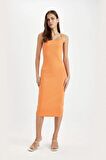 DeFacto Bodycon Vücuda Oturan Basic Düz Kare Yaka Fitilli Kaşkorse Kolsuz Midi Elbise Z7577AZ24SMOG302