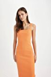 DeFacto Bodycon Vücuda Oturan Basic Düz Kare Yaka Fitilli Kaşkorse Kolsuz Midi Elbise Z7577AZ24SMOG302