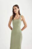 DeFacto Bodycon Vücuda Oturan Basic Düz Kare Yaka Fitilli Kaşkorse Kolsuz Midi Elbise Z7577AZ24SMGN701