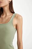 DeFacto Bodycon Vücuda Oturan Basic Düz Kare Yaka Fitilli Kaşkorse Kolsuz Midi Elbise Z7577AZ24SMGN701