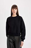 DeFacto Boxy Fit Bisiklet Yaka Kalın Basic Düz Sweatshirt B8568AX24WNBK81
