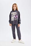 DeFacto Kız Çocuk 2'li Takım Bisiklet Yaka Baskılı Sweatshirt Beli Lastikli Jogger Eşofman Altı D4057A824WNAR150