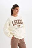 DeFactoFit NBA Los Angeles Lakers Oversize Fit Bisiklet Yaka Kalın Kumaş Sweatshirt