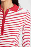 DeFacto Slim Fit Dar Kesim Polo Yaka Düğmeli Çizgili Fitilli Kaşkorse Uzun Kollu Tişört D5140AX24AURD117