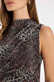 DeFacto Bodycon Vücuda Oturan Bisiklet Yaka Leopar Desenli Tül Kolsuz Maxi Elbise D5061AX24AUBN192